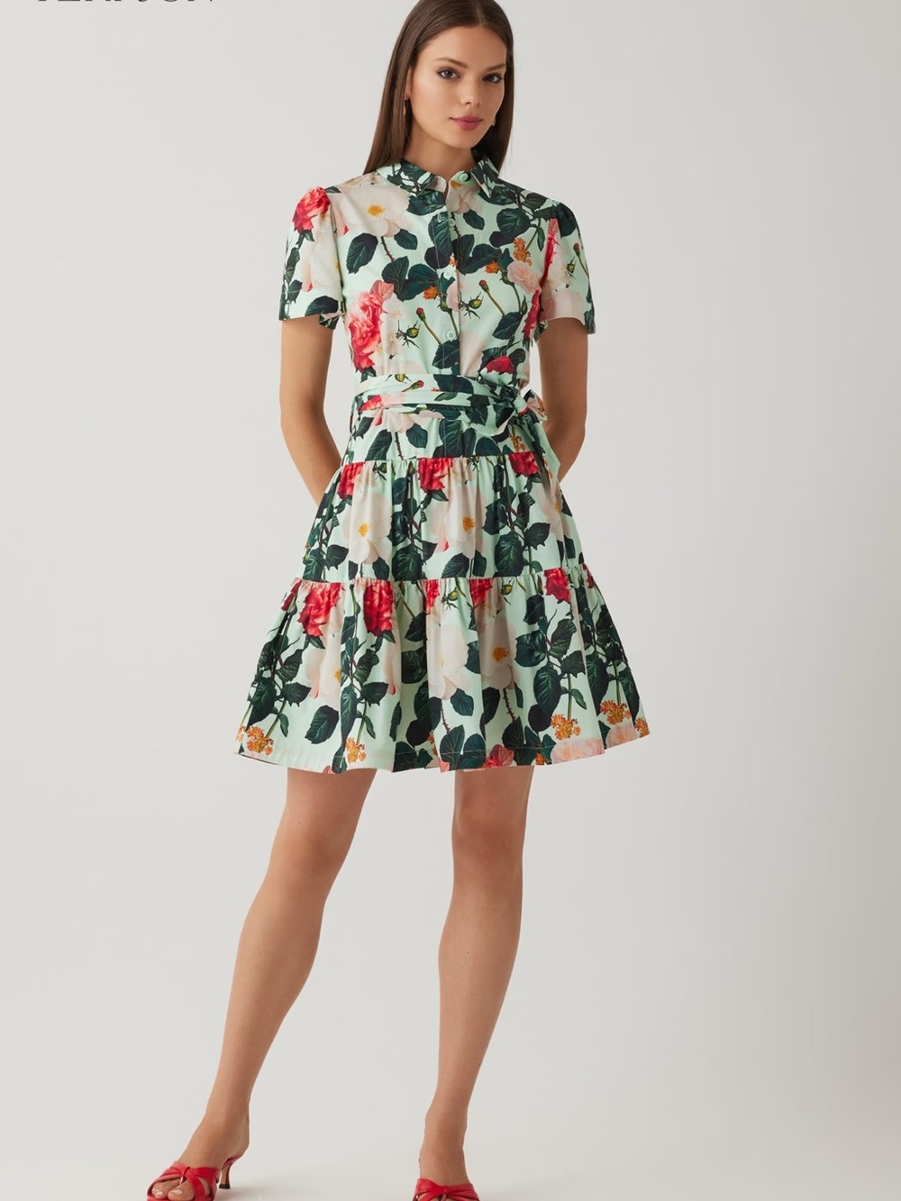 Teri Jon White Floral Short-Sleeve Tiered Mini Dress with Green Leaves